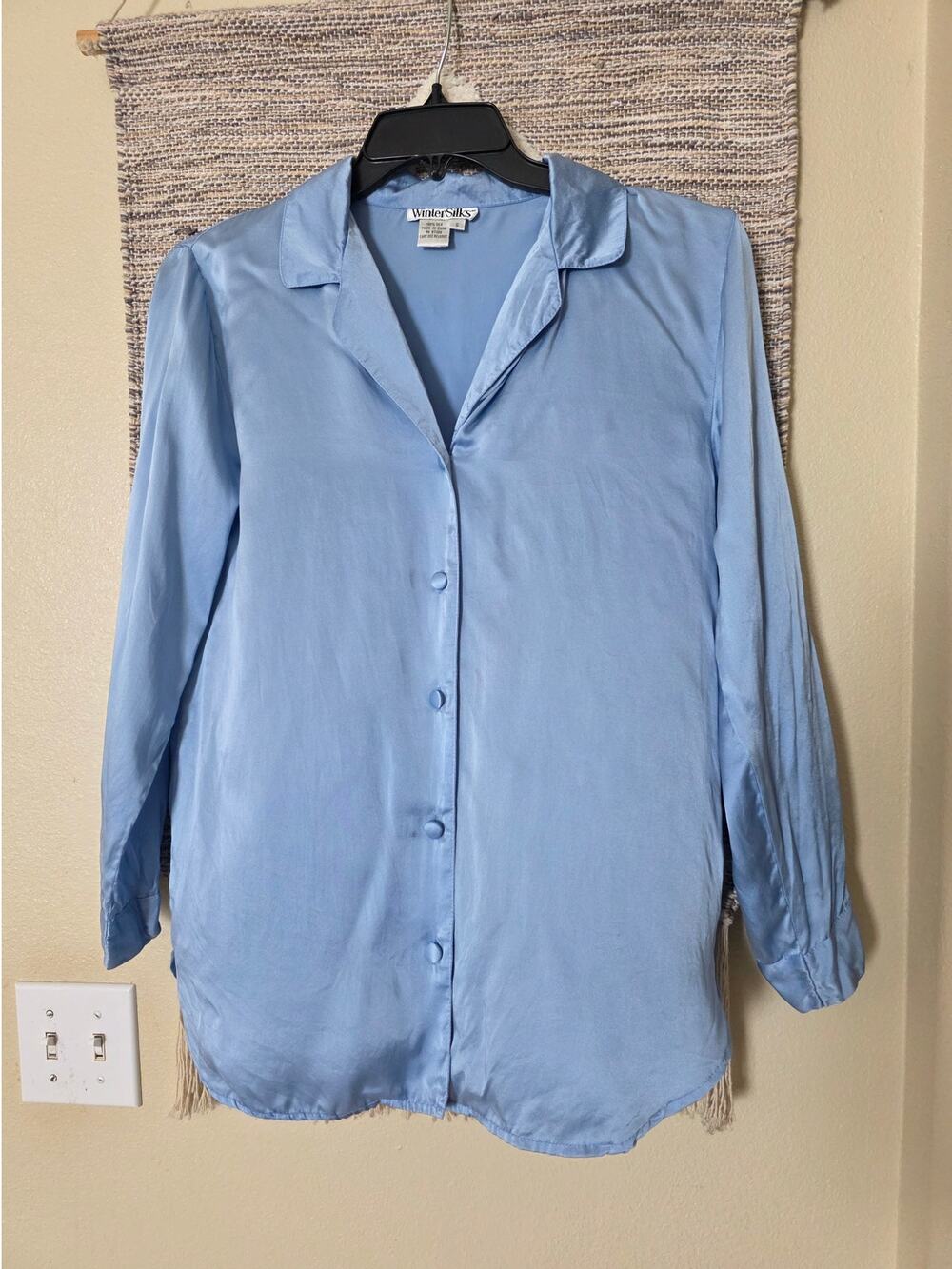 Vintage WinterSilks 100% Silk Blouse Size S Powder Blue Button Front 90s